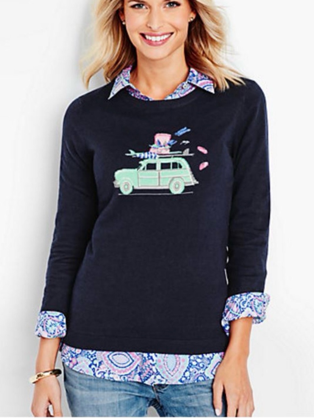 Talbots Navy Sweater with cat graphic